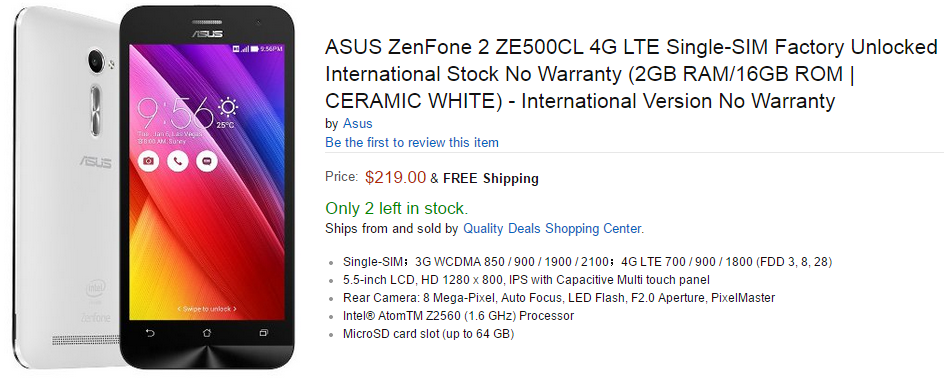 ASUS ZenFone 2, versiunea cu 2 GB RAM şi ecran 720p de 5 inch ajunge pe Amazon; Iată preţurile!