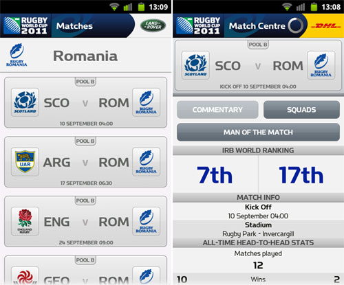 Urmărește echipa de rugby a României la Cupa Mondială 2011 pe mobil sau tableta cu aplicatiile speciale RWC 2011 (Galerie foto)