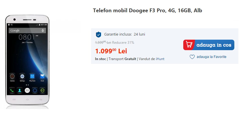 Doogee F3 Pro este disponibil la eMAG; vine cu 3 GB RAM, display FHD de 5 inch și costă 1.099 lei