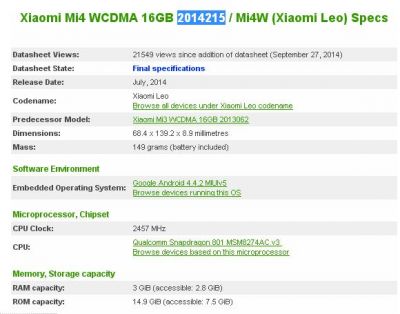 Xiaomi mi4 detalii model