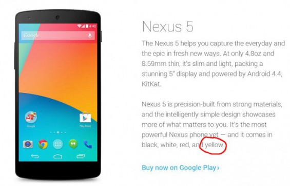 Google Nexus 5 ar putea sosi și În varianta de culoare galbenă În curând; O scăpare pe site-ul Android confirma!