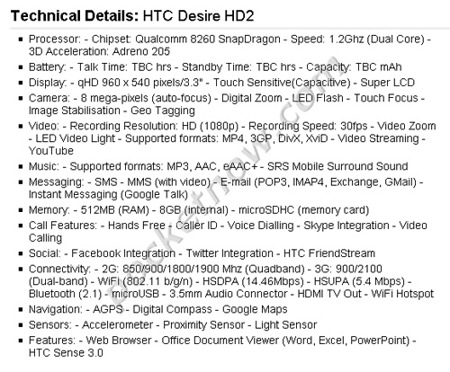 Specificațiile lui HTC Desire HD2, Desire 2 și Wildfire 2 ajung pe web Înainte de MWC