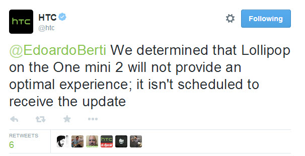 HTC One Mini 2 nu va primi Android 5.0 Lollipop