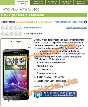 Primul telefon cu ecran HD confirmat: HTC Vigor cu specificaţii complete în lista unui retailer olandez
