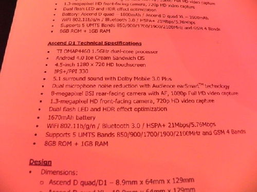 MWC 2012: Huawei Ascend D quad, Ascend D quad XL, Ascend D1 - specificații complete