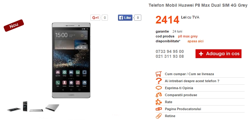 Huawei P8 Max, phablet-ul cu diagonală de 6.8 inch ajunge în stocurile Cel.ro la un preț de 2.414 lei