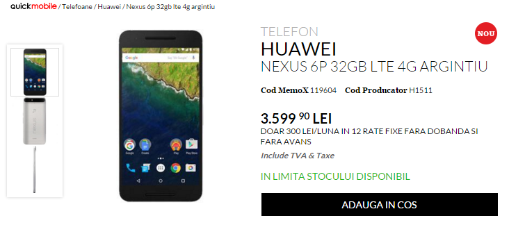 Huawei Nexus 6P debutează în stocurile QuickMobile; costă 3.599 lei în versiunea cu 32 GB de stocare