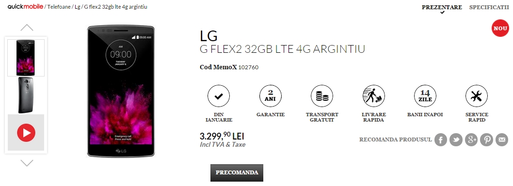 LG G Flex 2 disponibil la pre-comandă prin QuickMobile.ro; costă 3.299 lei