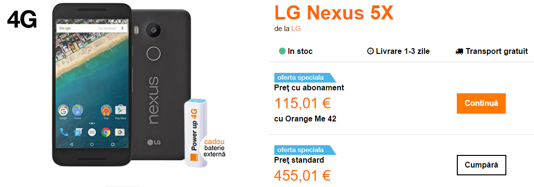 LG Nexus 5X disponibil de azi în oferta Orange România; costă 2.022 lei fără abonament