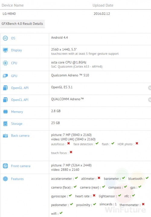 Telefonul LG H840 apare în GFXBench cu dotări high end şi bătrânul Android KitKat