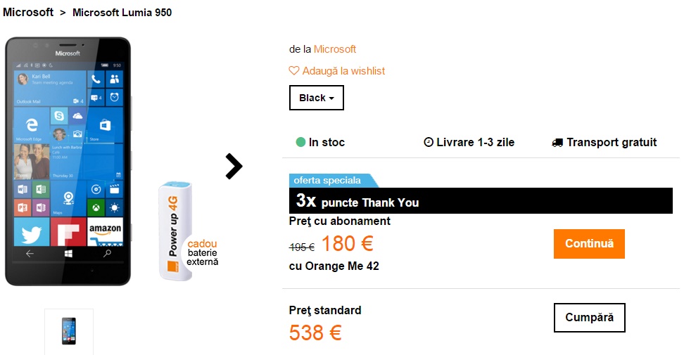 Microsoft Lumia 950 acum și în oferta Orange România; costă 2.400 lei fără abonament