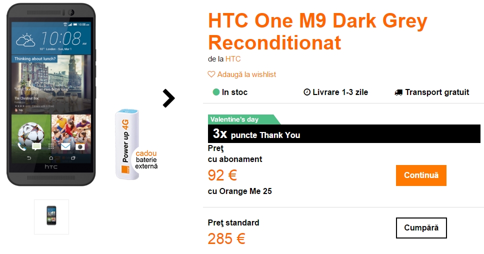 HTC One M9 în varianta recondiționată costă doar 1.270 lei prin intermediul operatorului Orange