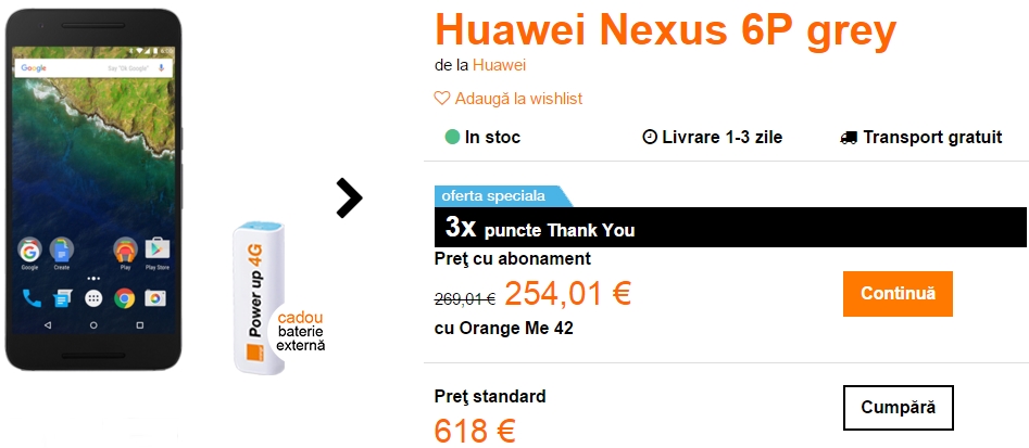 Huawei Nexus 6P ajunge în oferta Orange; costă 2.790 lei în versiunea cu 32 GB spațiu de stocare