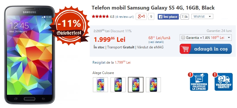 Samsung Galaxy S5 la reducere (eMAG)