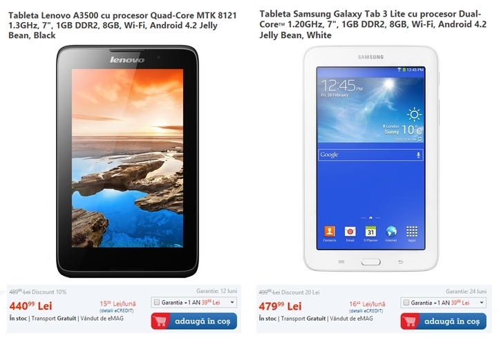 Lenovo A3500 si Samsung Galaxy Tab 3 Lite la reducere