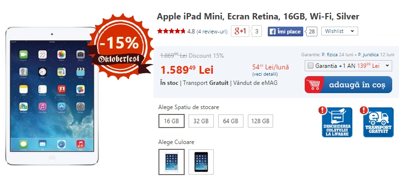 eMAG aplică reduceri cuprinse Între 8 și 15% la tabletele iPad Mini Retina