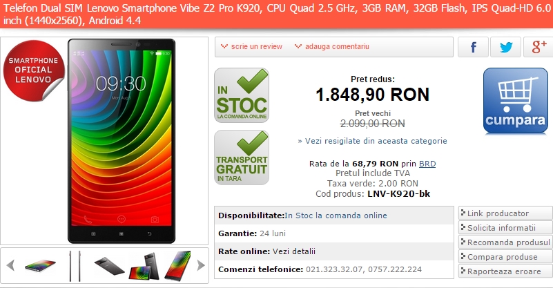 Lenovo Vibe Z2 Pro K920 în versiunea dual-SIM costă acum cu 250 lei mai puțin prin intermediul MarketOnline.ro