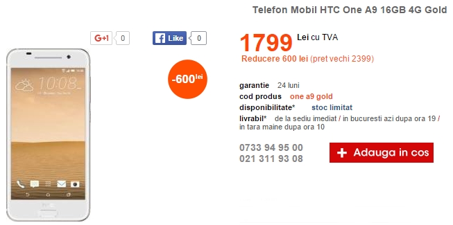 Alertă preț bun! HTC One A9 costă acum 1.799 lei prin intermediul Cel.ro