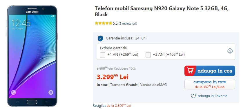 Samsung Galaxy Note 5 la reducere