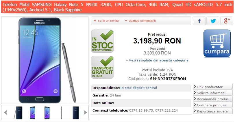 Samsung Galaxy Note 5 poate fi achiziționat la prețul de 3.198 lei prin intermediul MarketOnline