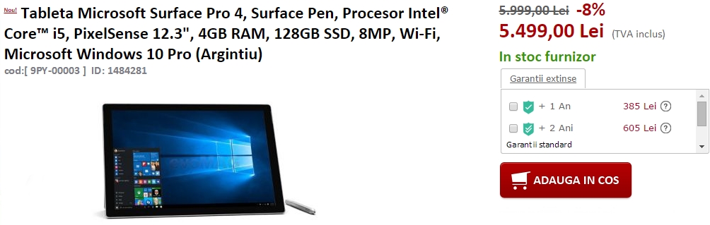 Tableta Microsoft Surface Pro 4 se află în stocul evoMAG.ro; vine în varianta cu SSD de 128 GB și procesor Intel Core i5