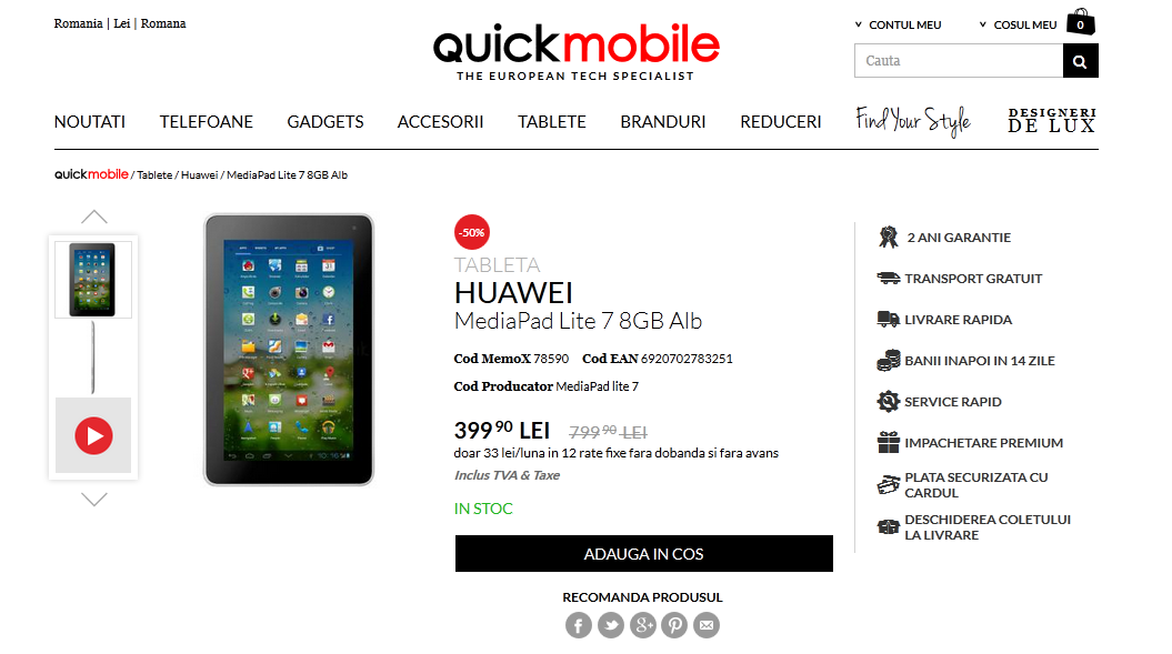 Tableta Huawei MediaPad 7 Lite primeşte un super preţ la Quickmobile.ro, cu ocazia reducerilor de weekend