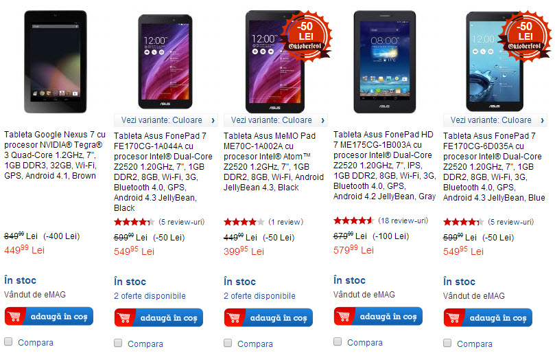 eMAG oferă reduceri de până la 400 lei la tabletele Asus; modelul Nexus 7 costă acum doar 449 lei