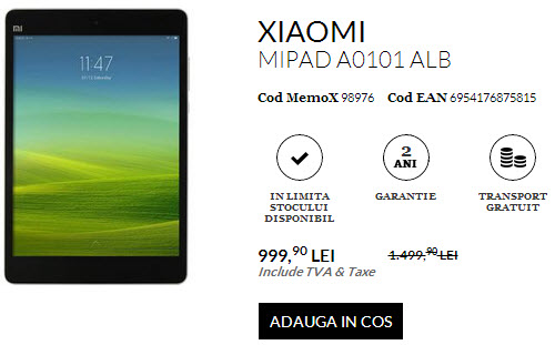 Tableta Xiaomi MiPad ajunge la sub 1000 de lei în România prin QuickMobile.ro
