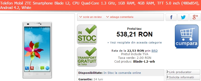 ZTE Blade 2 disponibil acum prin intermediul MarketOnline la un preț de 538 lei