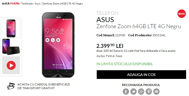 Asus ZenFone Zoom ajunge în sfârșit la vânzare; QuickMobile vinde produsul pentru suma de 2.399 lei