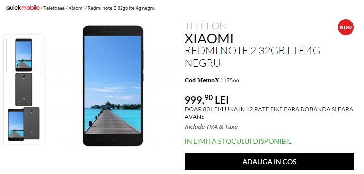 Xiaomi Redmi Note 2 în varianta cu 32 GB de stocare, costă 999 lei la QuickMobile