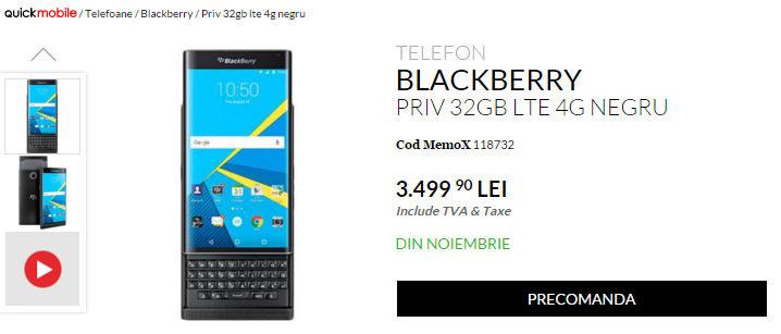 BlackBerry Priv este disponibil la precomandă prin intermediul QuickMobile; costă 3.499 lei