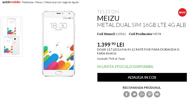Meizu Metal, de astăzi la QuickMobile; smartphone metalic cu display FHD de 5.5 inch și procesor octa-core