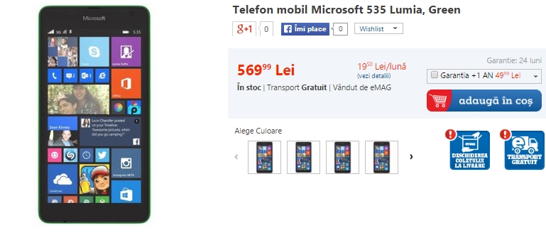 Microsoft Lumia 535 disponibil prin intermediul eMAG la prețul de 569 lei