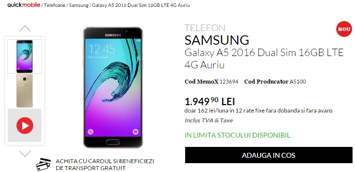 QuickMobile listează smartphone-ul Samsung Galaxy A5 (2016) în ofertă; iată prețul său de comercializare