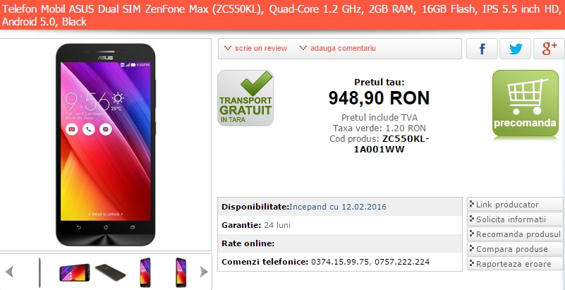 Asus ZenFone Max ajunge în oferta MarketOnline; device cu baterie de 5000 mAh și preț de 948 lei