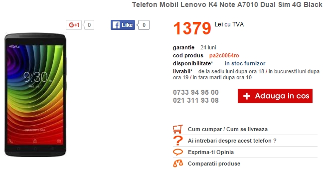 Lenovo K4 Note poate fi comandat de astăzi prin intermediul Cel.ro la un preț de 1.379 lei