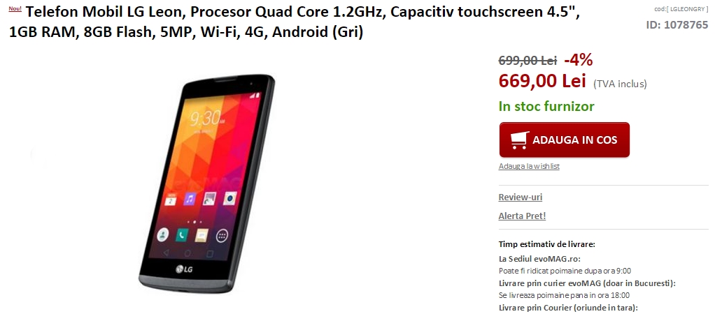 LG Leon, terminal 4G cu display de 4.5 inch disponibil la evoMAG pentru 669 lei