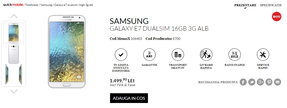 Samsung Galaxy E7 Dual-SIM disponibil la QuickMobile