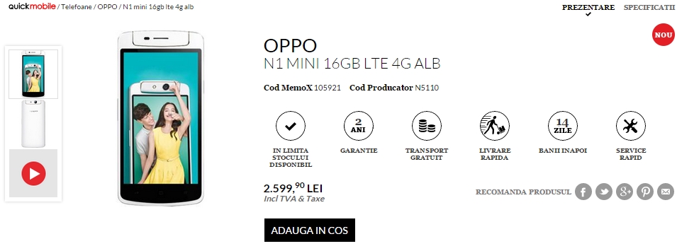 Oppo N1 Mini ajunge în oferta QuickMobile.ro pentru suma de 2.599 lei 