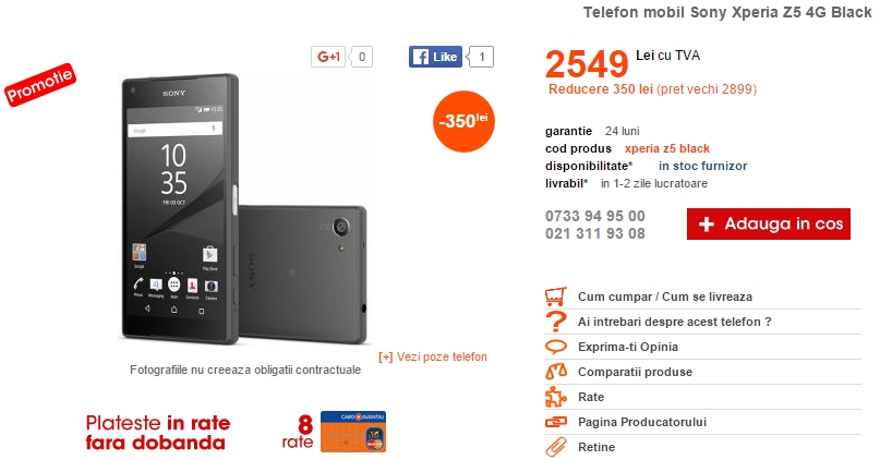 Cel.ro vinde acum smartphone-ul Sony Xperia Z5 pentru suma de 2.549 lei; telefonul este disponibil pe negru