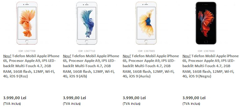 Apple iPhone 6s 16 GB disponibil de astăzi în stocurile evoMAG.ro la un preț de 3.999 lei