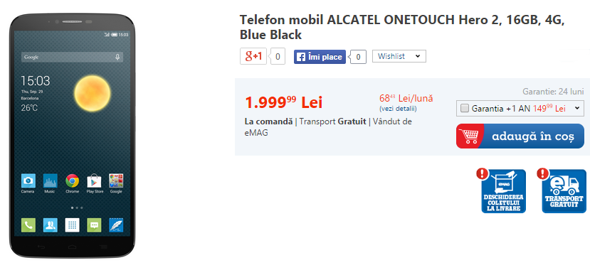 Phablet-ul Alcatel OneTouch Hero 2 disponibil prin eMAG la un preț de 1.999 lei
