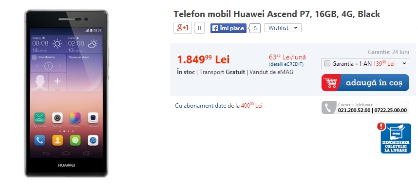 Huawei Ascend P7 disponibil de În stocurile celor de la eMAG.ro la un preț de 1.849 lei