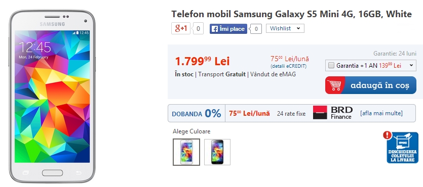 Pret Samsung Galaxy S5 Mini in Romania (eMAG)