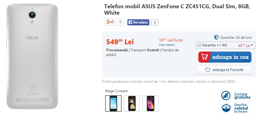 Asus ZenFone C, cel mai accesibil model din gama producătorului taiwanez ajunge la eMAG.ro