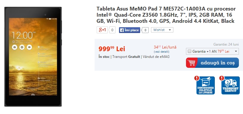Tableta Asus MeMo Pad 7 ME572C disponilă prin eMAG la prețul de 999 lei