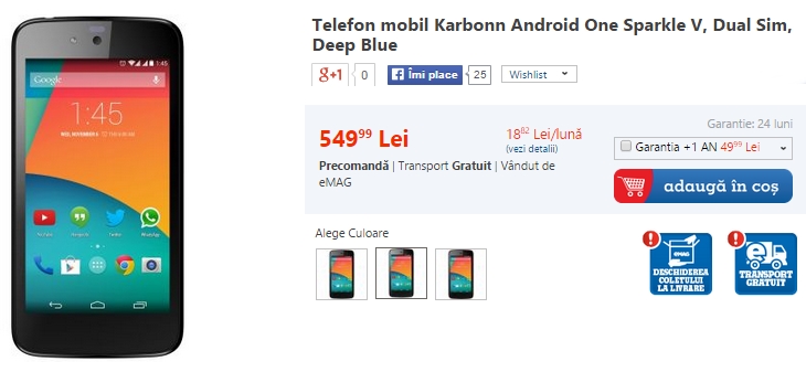 Karbonn Sparkle V disponibil prin intermediul eMAG la prețul de 549 lei