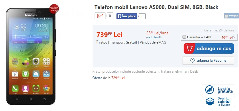 Lenovo A5000 sosește la eMAG; telefon cu baterie de 4.000 mAh și preț de 739 lei