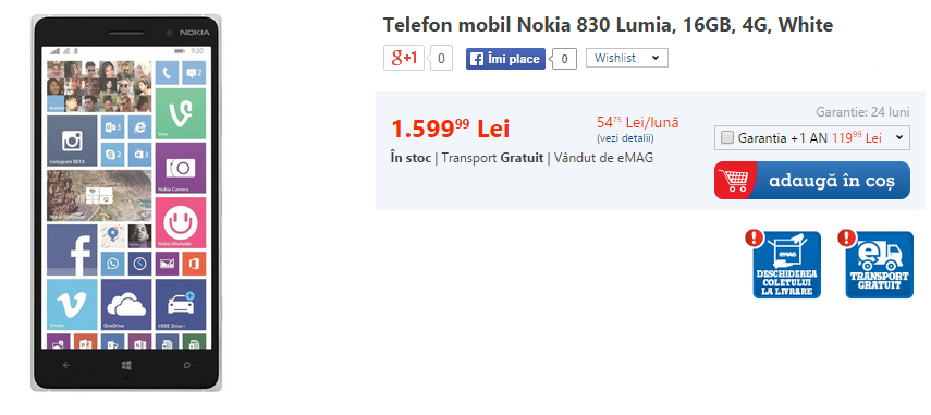 Nokia Lumia 830 ajunge la eMAG; disponibil pe alb sau negru la un preț de 1.599 lei